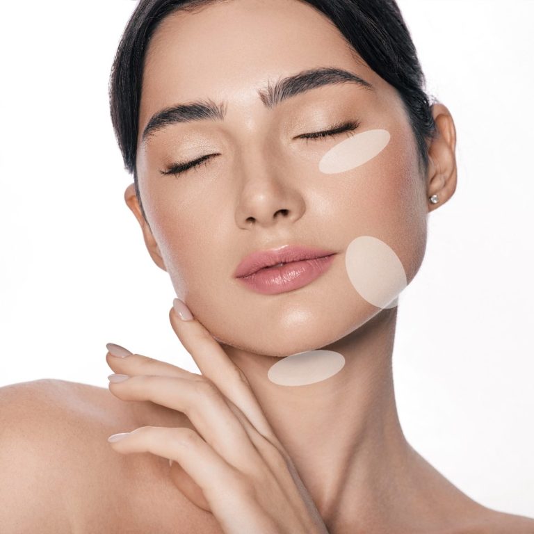 Hyaluron-Unterspritzung. Praxis für Ästhetik und Anti-Aging, Hamburg-Eppendorf. Porträt einer Frau mit geschlossenen Augen, Gesichtspflege und dekorativer Linienführung.